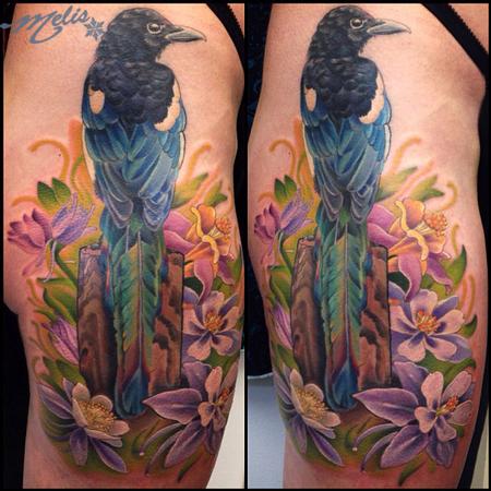 Tattoos - WIP Magpie bird with Columbines - 80814